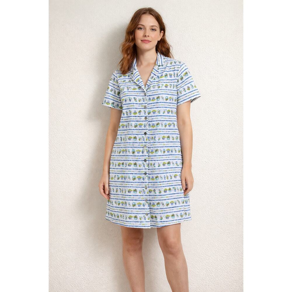 Novelty Garden Print Shirt Dress Button Front Cottagecore 100% Linen size Medium